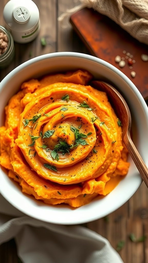 A bowl of creamy mashed sweet potatoes garnished with herbs, on a rustic kitchen table.